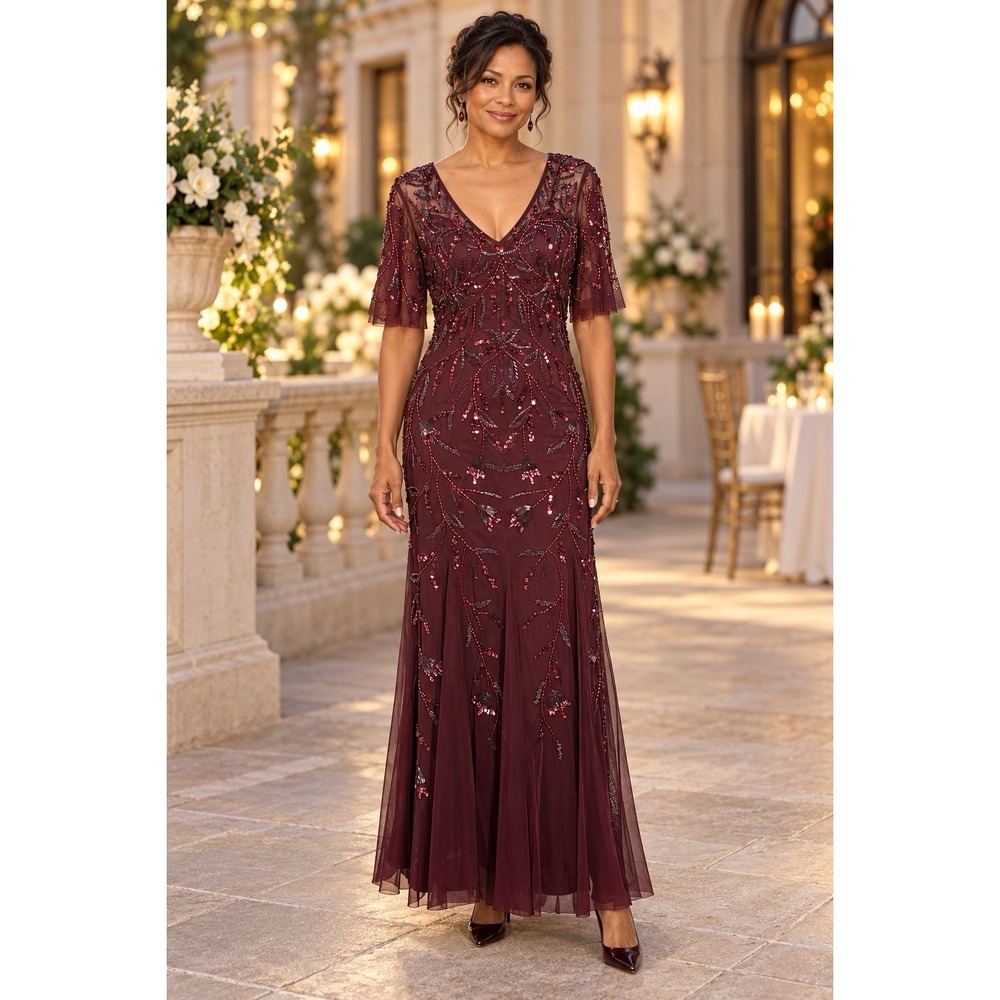 Adrianna Papell Gown 6 Burgundy Beads Floral Flutter Sleeve Formal Evening Dress